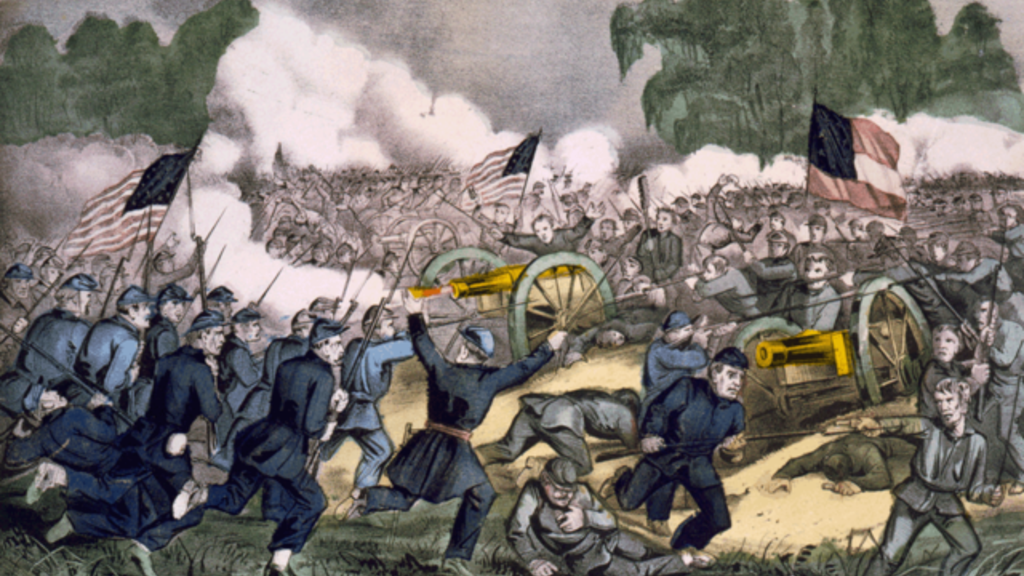The battle of Gettysburg, Pa. July 3d. 1863, depicting the Battle of Gettysburg, fought July 1—3, 1863. The battle was part of the American Civil War and was won by the North. Hand-colored lithograph by Currier and Ives.