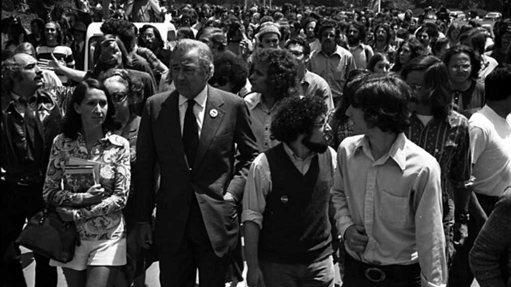 Former Sen. Eugene J. McCarthy of Minnesota leads more than 500 Valley State College [now California State University, Northridge] students in a march to Teledyne Inc. of Northridge. The firm, protesting students said, supplies products used by the military in Vietnam. McCarthy, who gave an antiwar speech on the campus Wednesday, led the march for about five blocks and then was whisked away in an automobile.