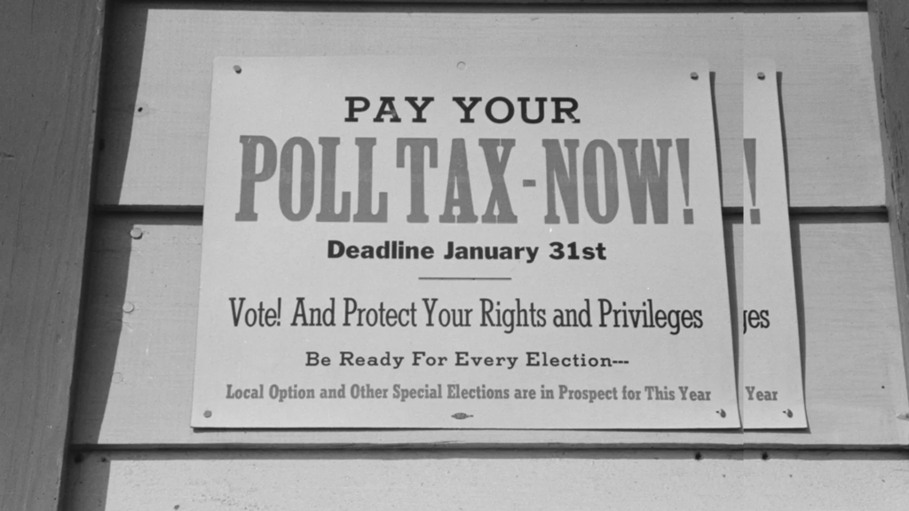 A poll tax sign in Mineola, Texas, 1939.