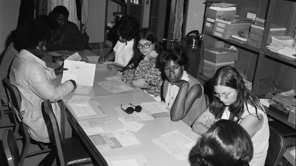 Youth voter registration class, Seattle, Washington, 1971. This event took place not long after the 26th amendment to the U.S. Constitution was ratified, changing the minimum voting age from 21 to 18.